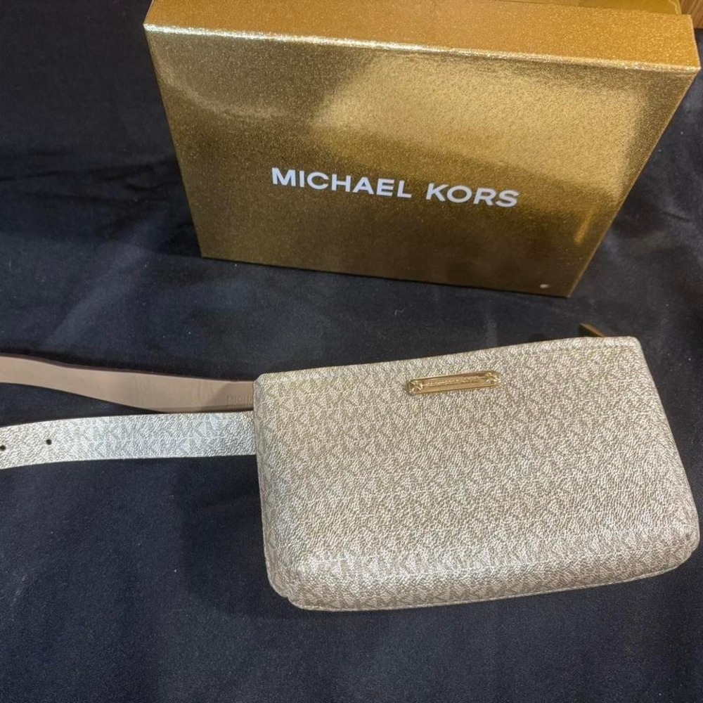 Michael Kors Pale Gold Boxed Belt Bag MK Signature Logo S/M NEW